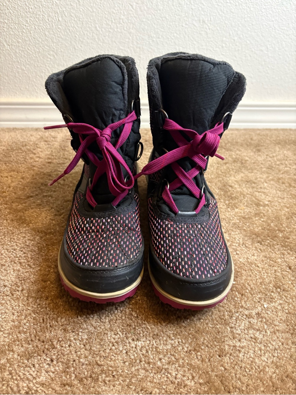 Sorel Black and Magenta Girls' Winter Lace-Up Boots